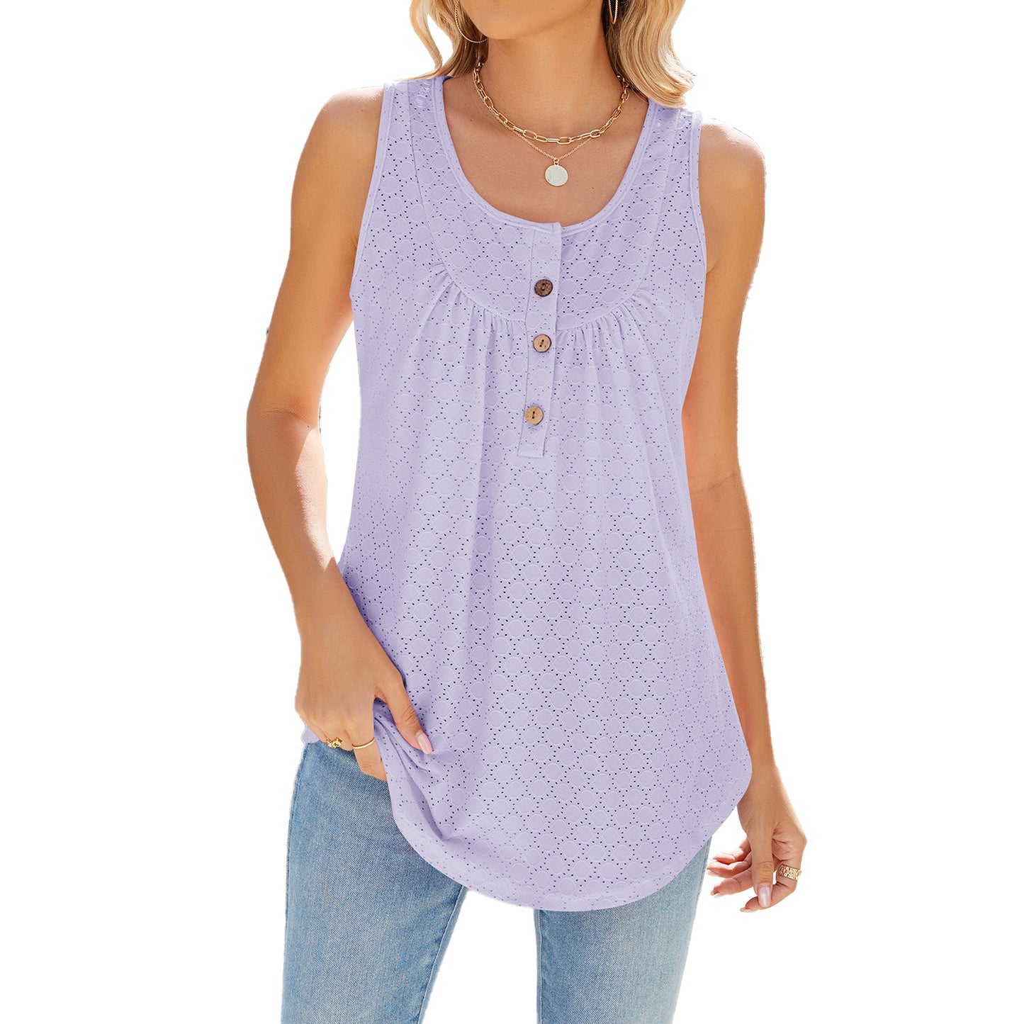 Summer Solid Color Round Neck Button Women's T-shirt