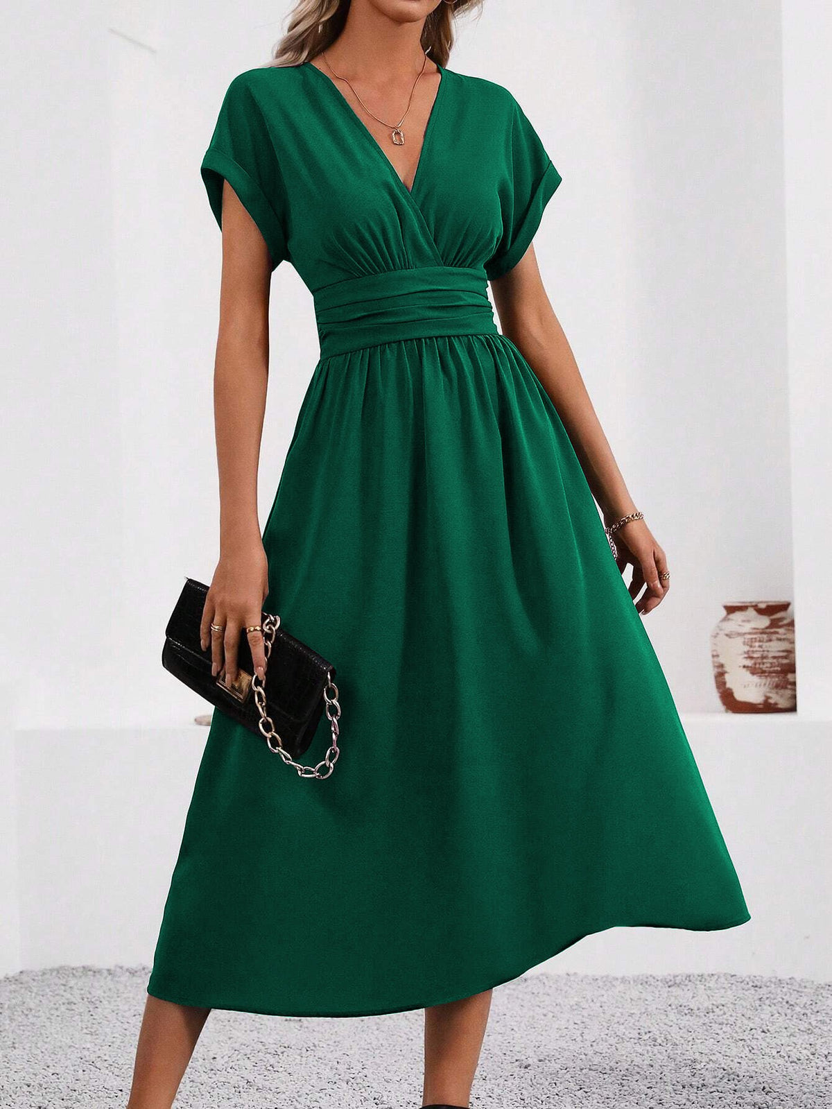 Women's Color Overlapping Batwing Sleeve Waist Pleated Dress