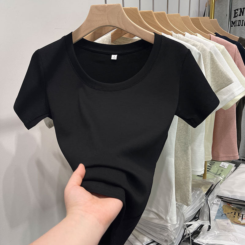 Women's Cotton White Round Neck Shoulder Short-sleeved Tops