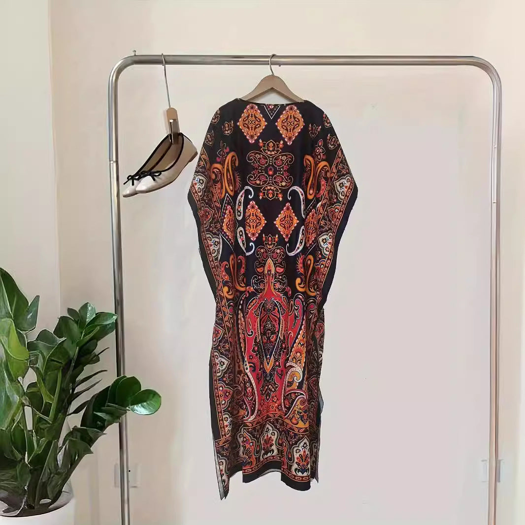 Women's Ethnic Printed Loose Split Robe Bohemian Dress