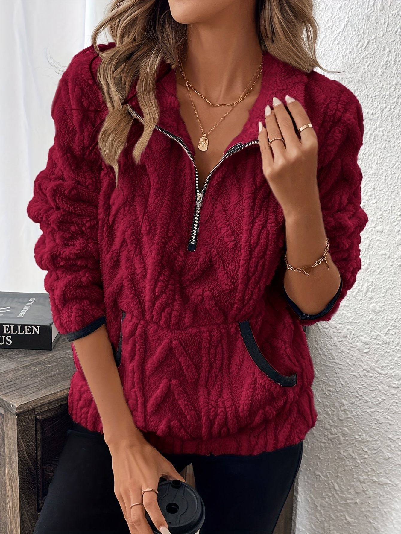 Lapel Classic Style Jacquard Half Zipper Plush Women's Sweater, Sweater