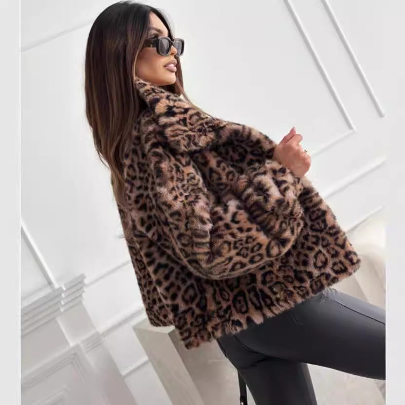 Women's Fashion Leopard Print Long Sleeve Furry Coats
