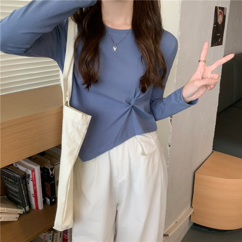 Women's Irregular Design Long-sleeved Korean Style Solid Color Small Bottoming Shirt Tops