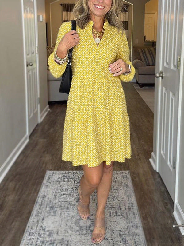 Collar Sleeve Digital Printing Diamond Pattern Dress