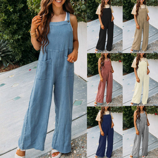 Women's Solid Color Pocket Square Collar Loose Women's Jumpsuit/clothing