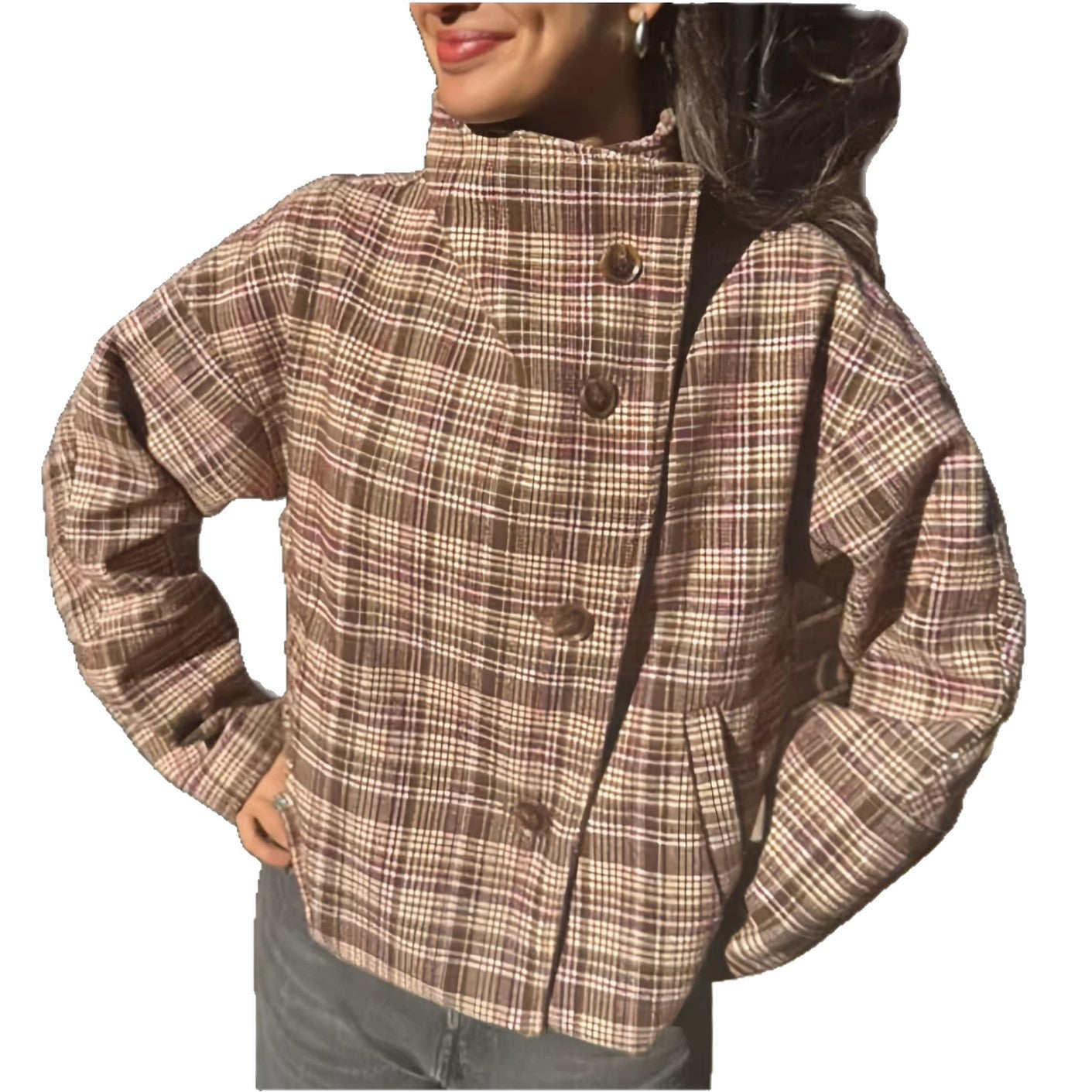 Women's Graceful Stand Collar Button Chic Plaid Coats
