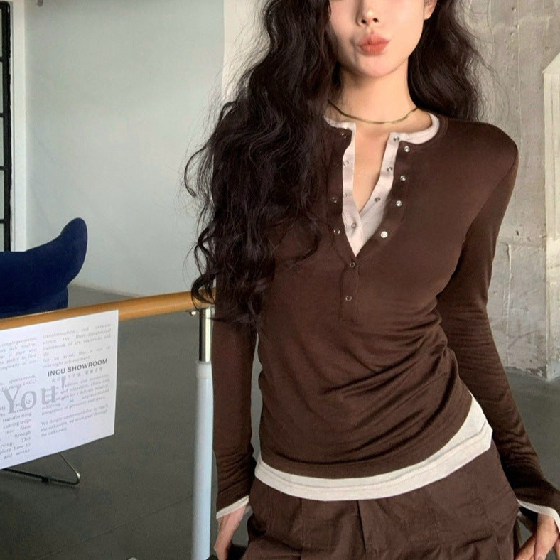Women's Slim Fit Fake Two-piece Long Sleeve T-shirt Blouses