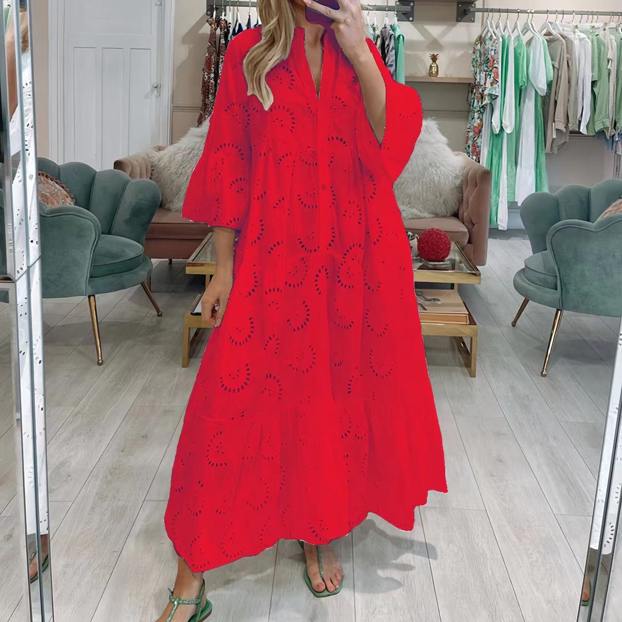 Women's Bell Sleeve Lace Solid Color Sexy Dresses