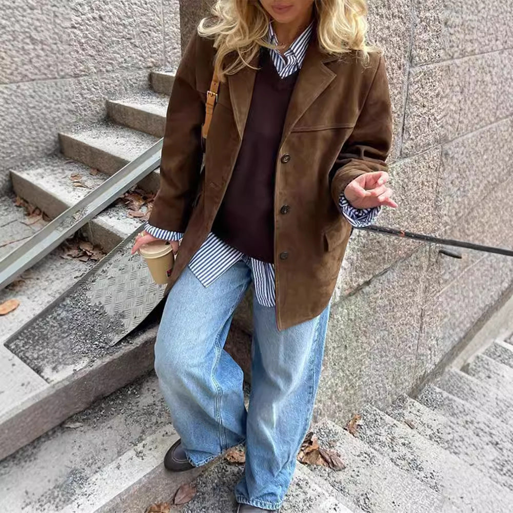 Women's Brown Long Sleeve Button For Loose Blazers
