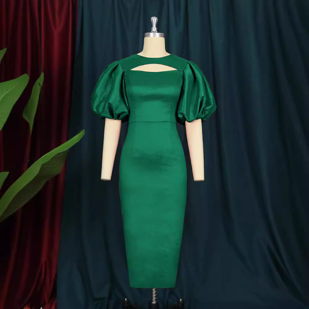 Women's Puff Sleeve High Waist Dress Long Dresses