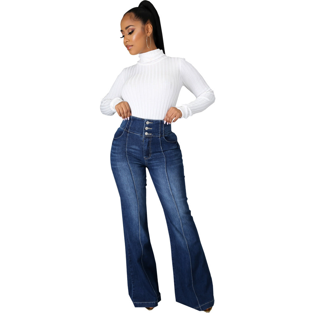 Fashion Trendy Patchwork Washed Denim Stretch Jeans