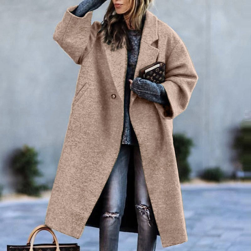 Women's Long Woolen Color Temperament Commute No Belt Lapel Coats