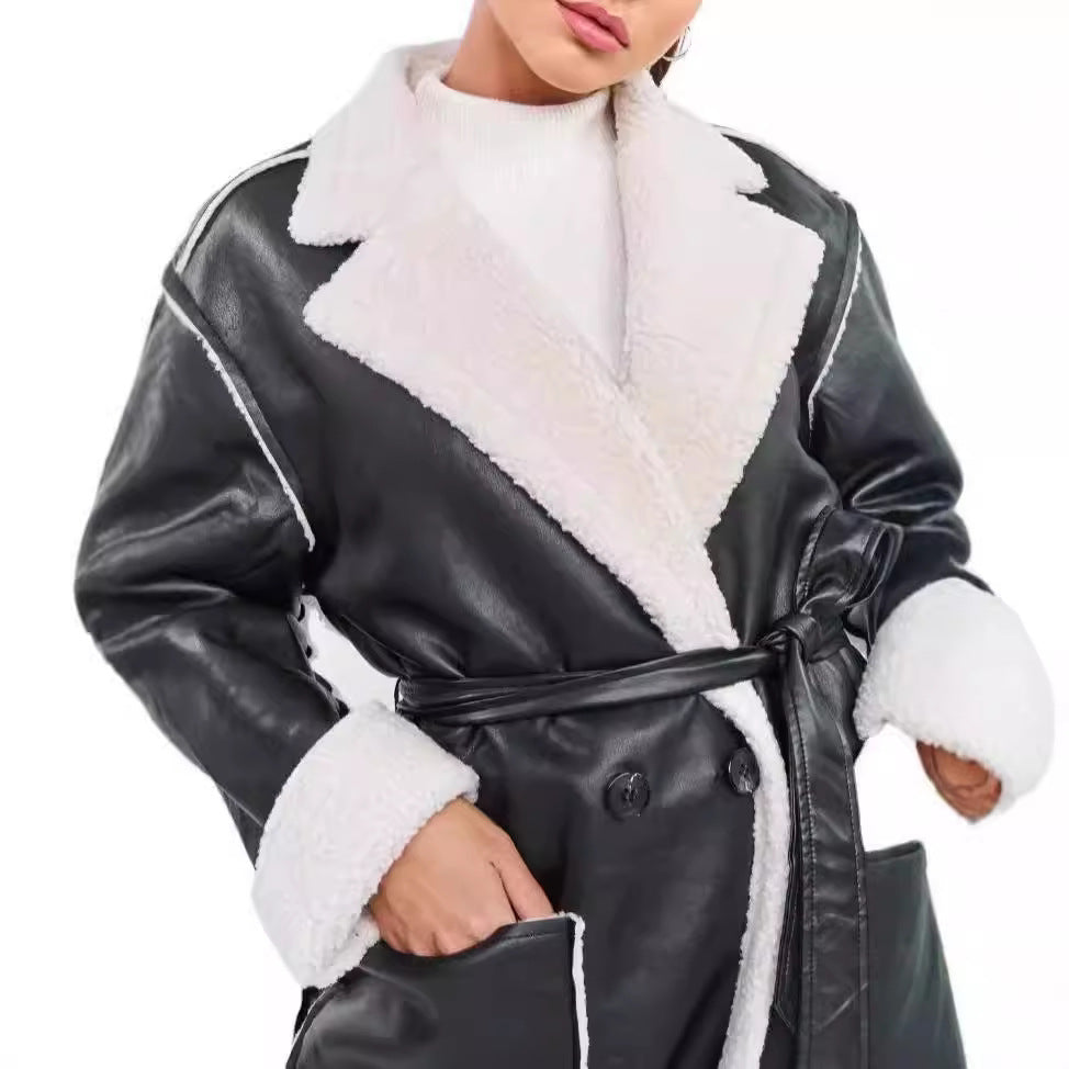 Women's Casual Leather Thickened Trench Loose Fashion Coats