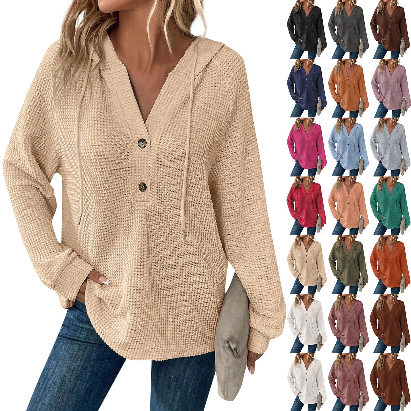 Women's Color Waffle Hooded Button Loose Long Women's Sweater, Sweater