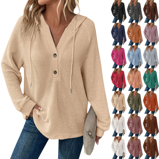 Women's Color Waffle Hooded Button Loose Long Women's Sweater, Sweater