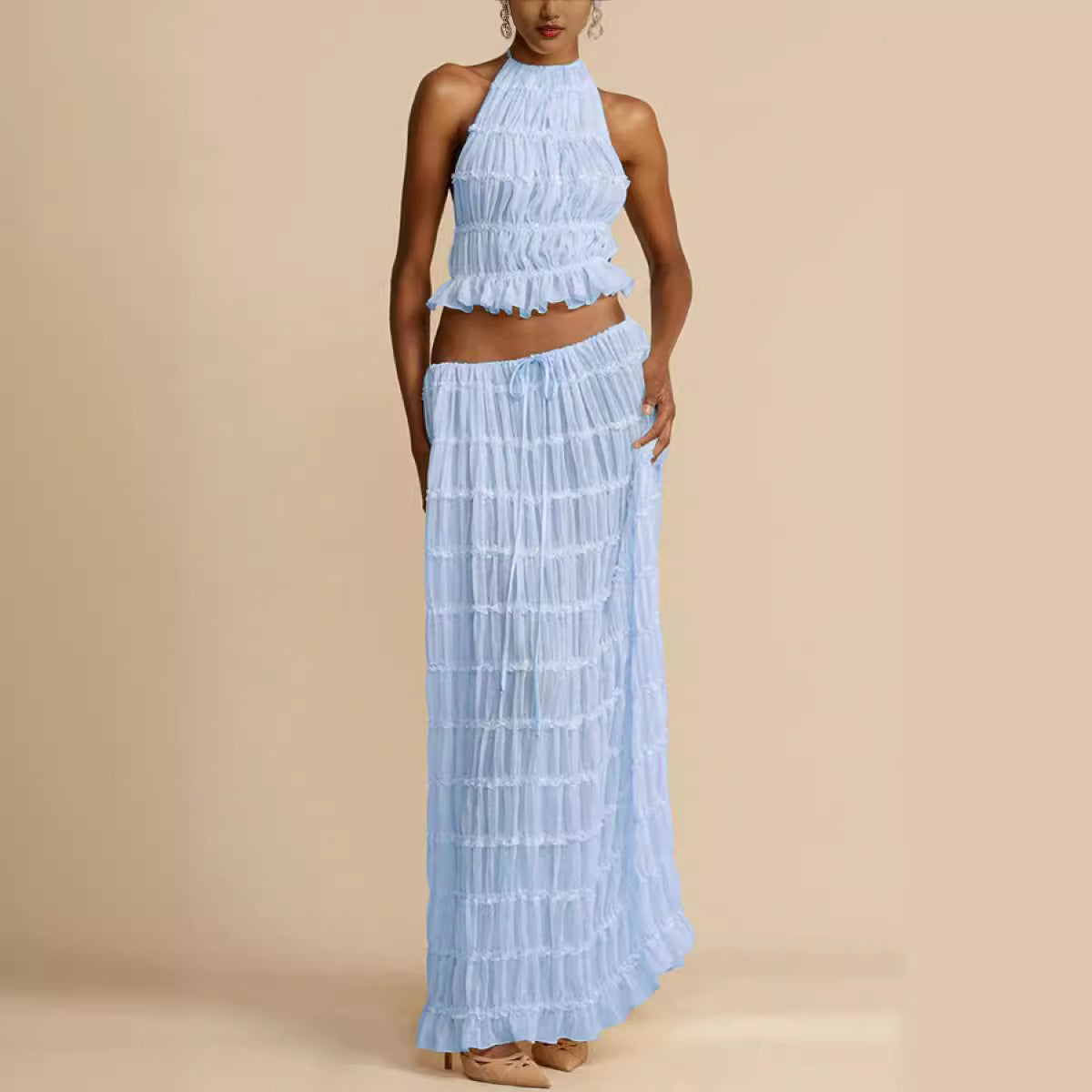 Fashion Sexy Backless Halter Pleated Lace Suits