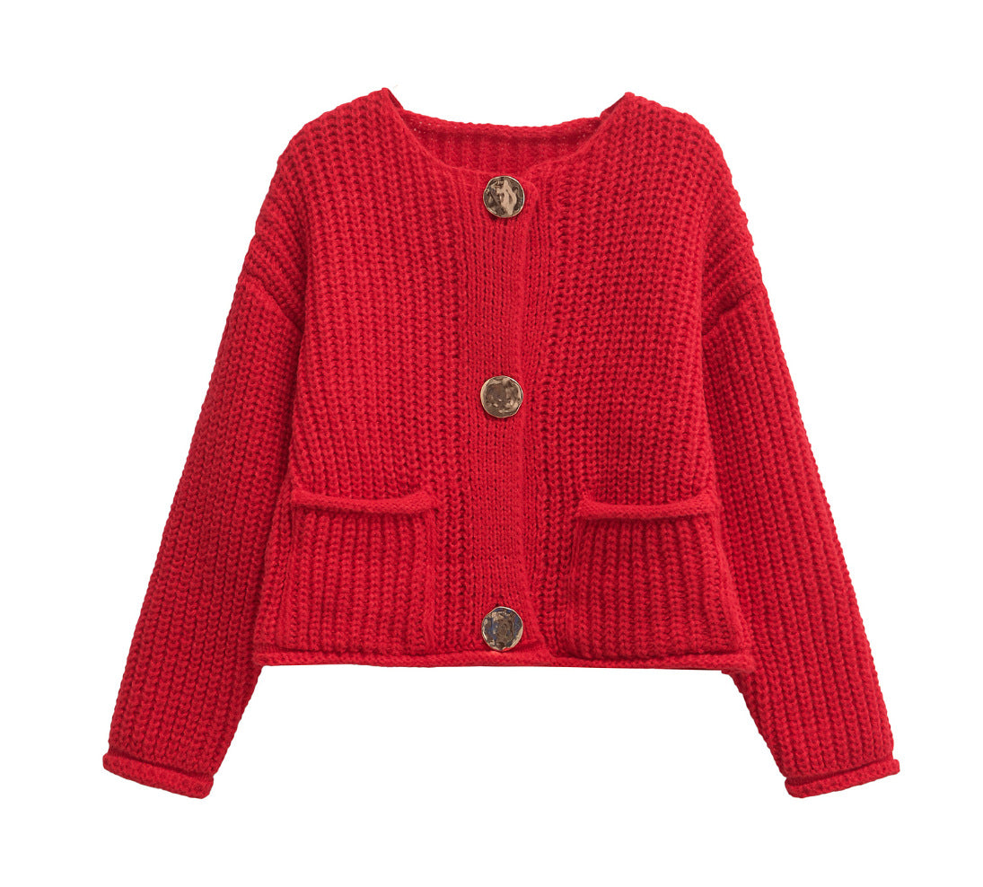 Women's Solid Color Single-breasted Double Pocket Thick Sweaters