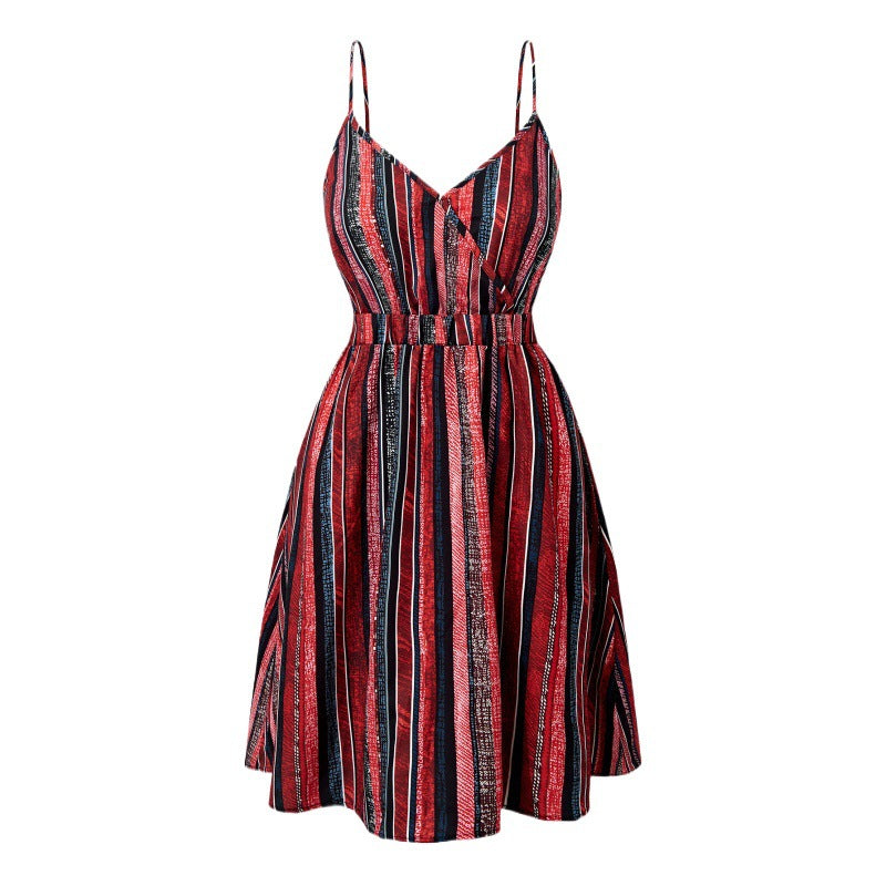 Women's Summer Striped Wrap Spaghetti Strap Elastic Dress