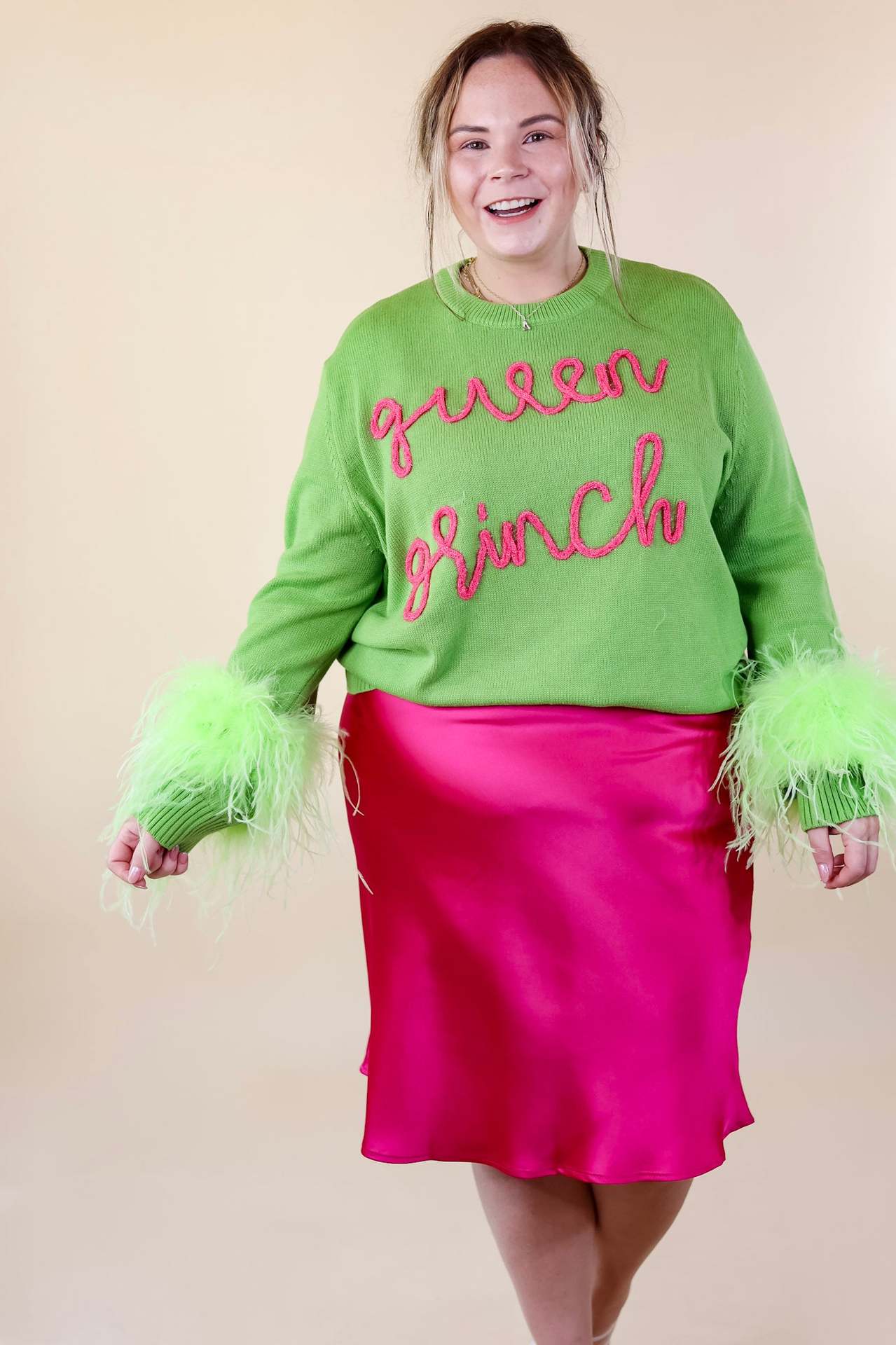 Women's Christmas Letter Embroidered Crew Neck Feather Cuff Sweaters
