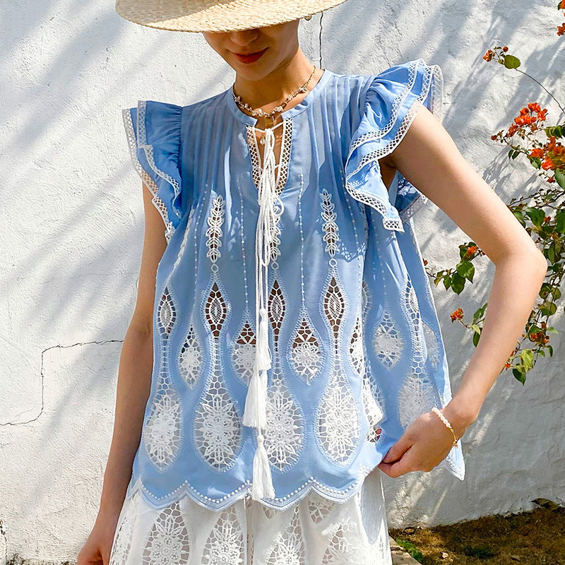 Women's Spring Vacation Style French Embroidery Seaside Blouses