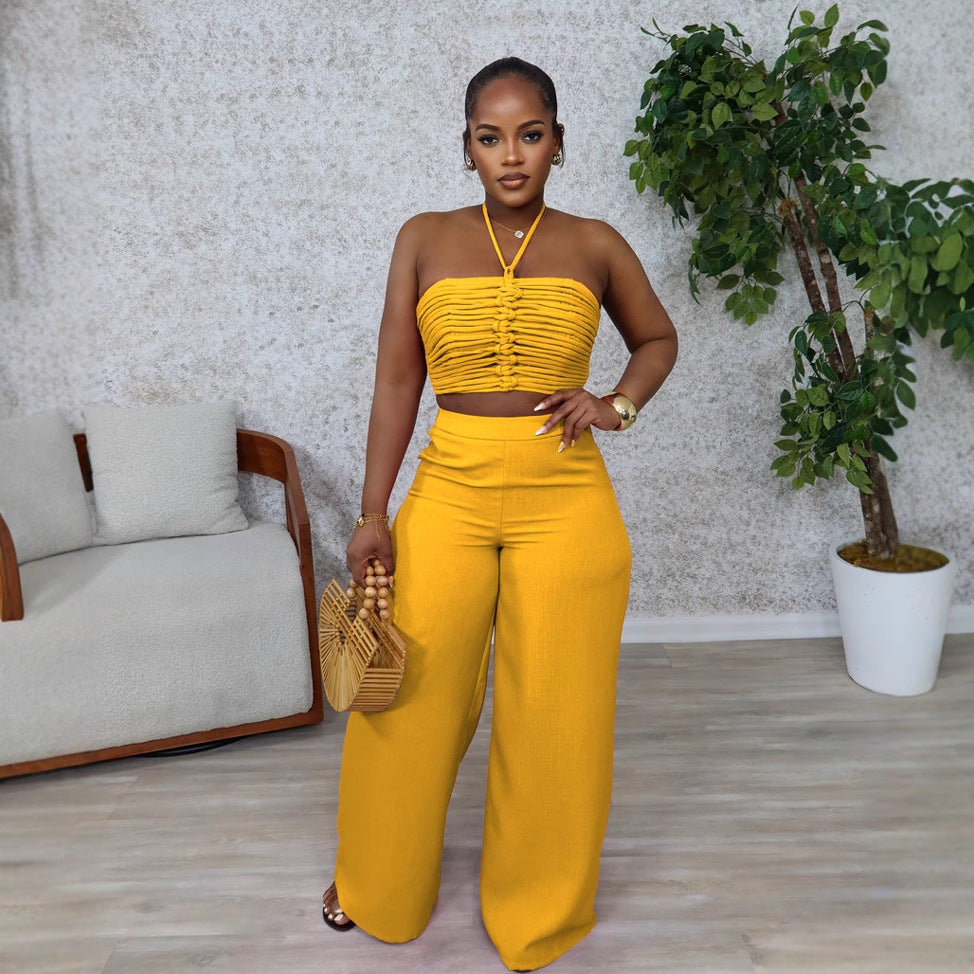 Smocking High Waist Loose Zip Trousers Suits