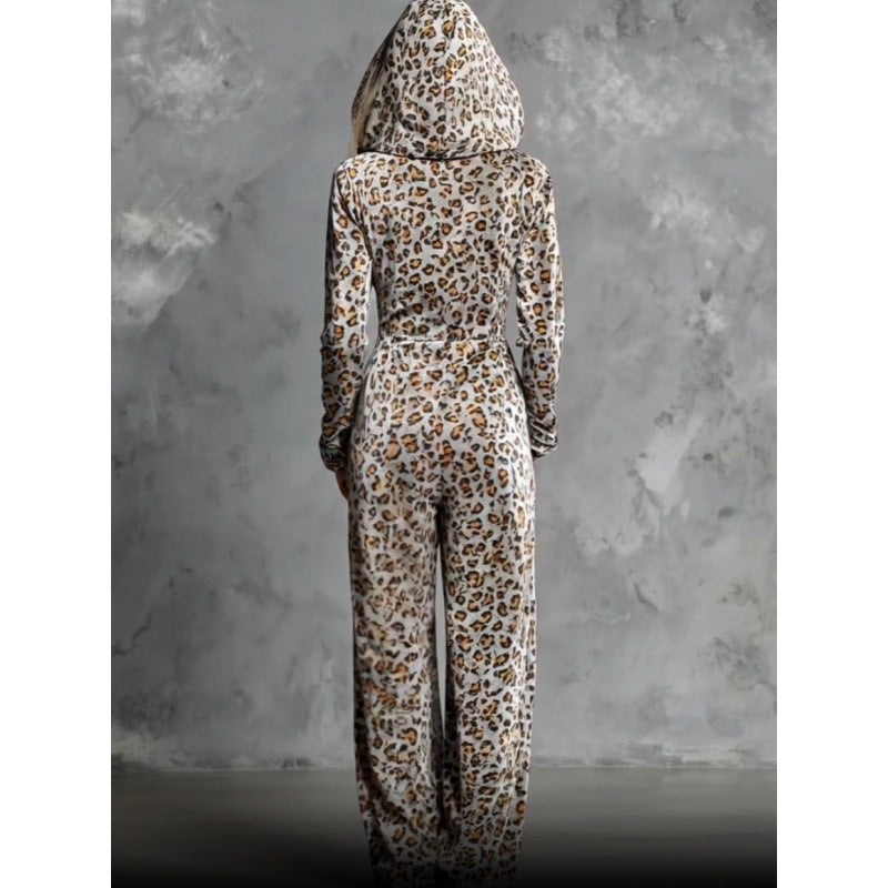 Gold Silk Suede Leopard Print Loose Wide Leg Jumpsuits