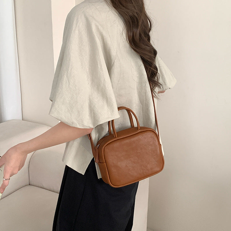 Niche Vegetable Tanning Leather Boston Minimalist Portable Handbags