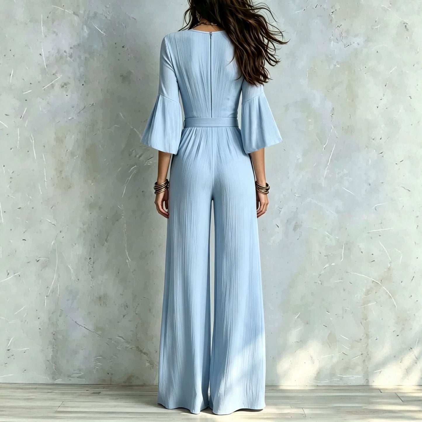 Deep V Puff Sleeve One-piece Female Belt Jumpsuits