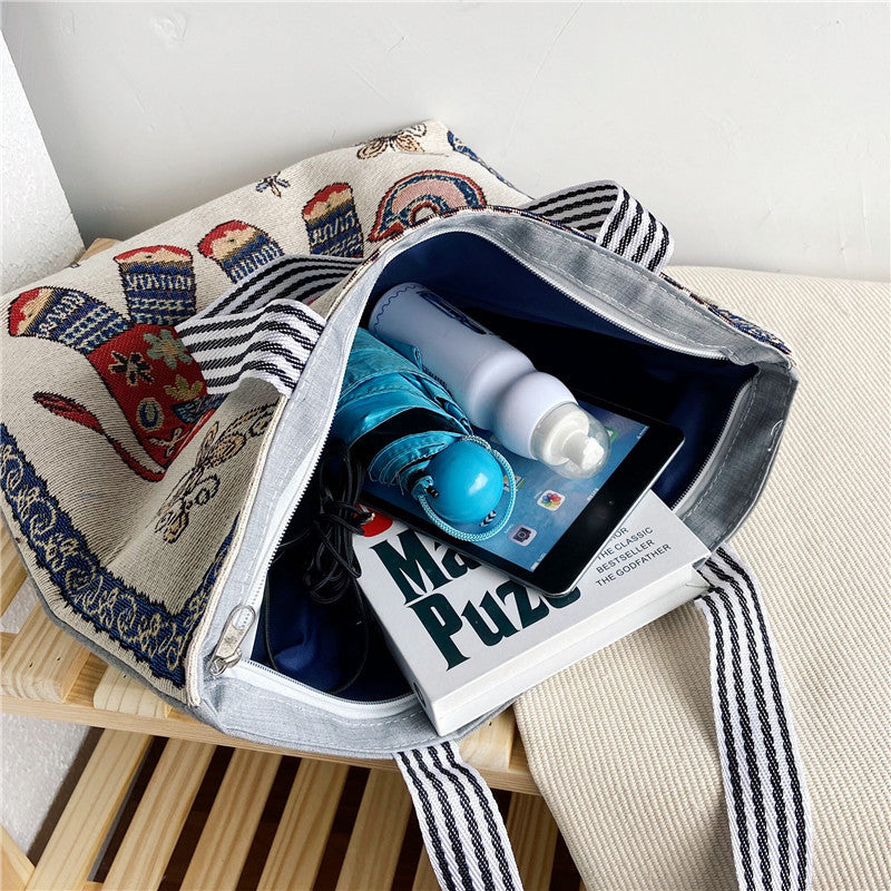 Fashionable Ethnic Style Shopping Cartoon Linen Shoulder Bags