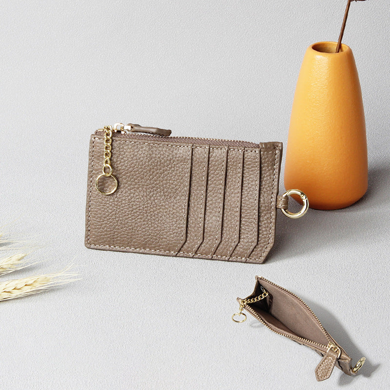 Leather Zipper First Layer Cowhide Compact Card Holder