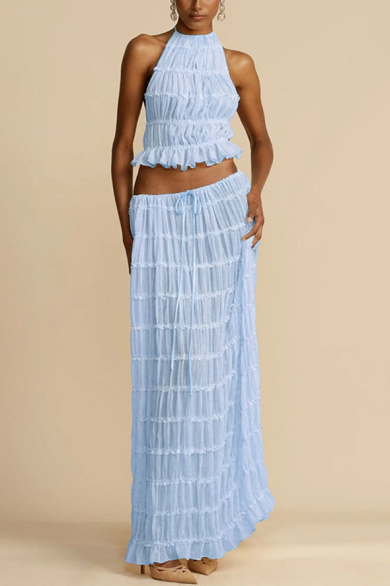 Fashion Sexy Backless Halter Pleated Lace Suits