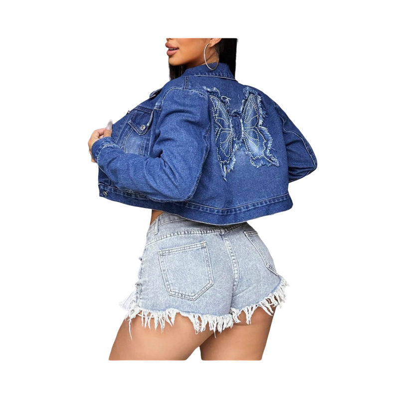 Embroidered Cloth Stickers Butterfly Denim Long Jackets
