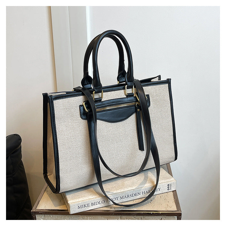 Female Linen Contrast Color Retro Leisure Commute Tote Bags