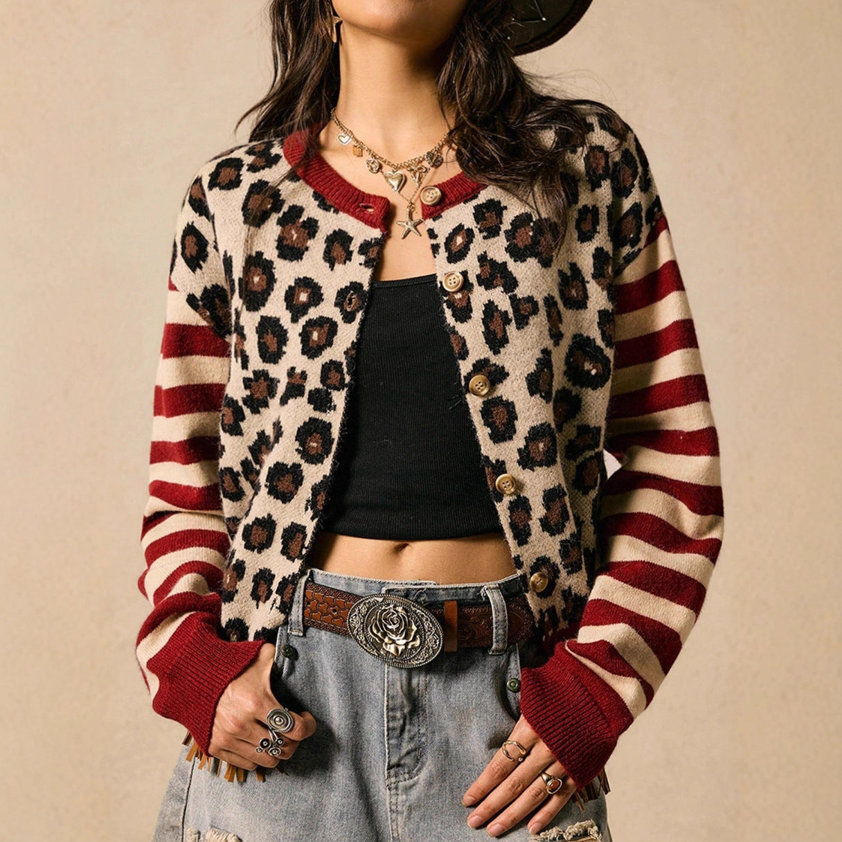 Women's Round Neck Striped Leopard Print Sweaters