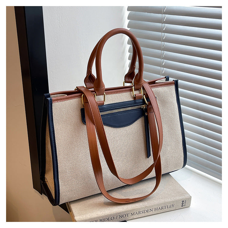 Female Linen Contrast Color Retro Leisure Commute Tote Bags