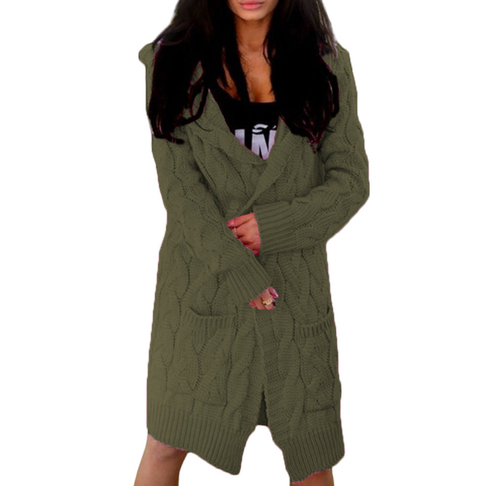 Women's Long Thick Thread Knitted Hooded Double Knitwear