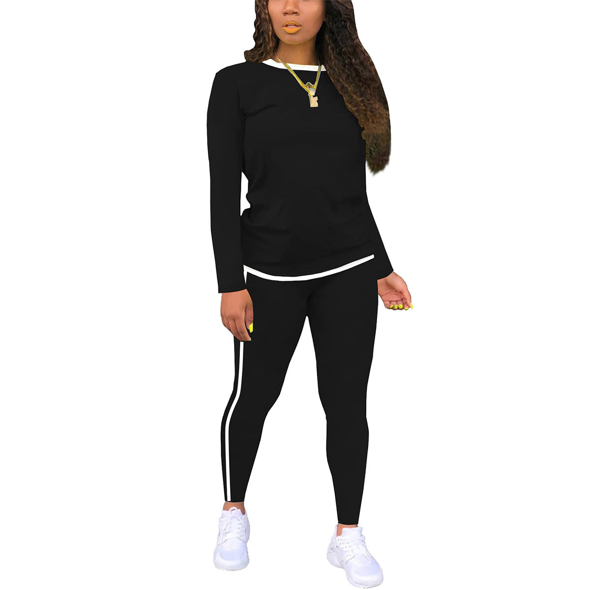 Women's Round Neck Long Sleeve Patch Trousers Side Suits