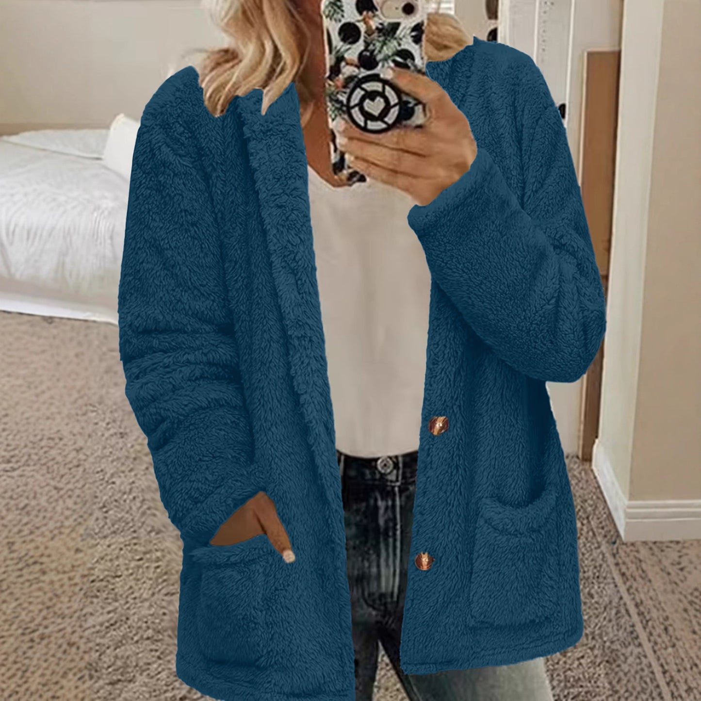 Women's Fur Hooded Loose Knitted Button Pocket Cardigans