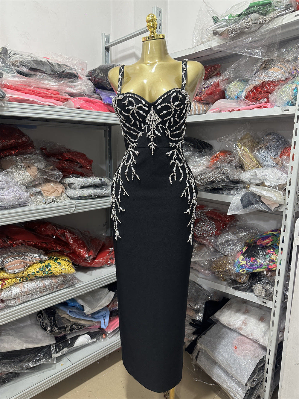 Elegant Graceful Suspender Dress Beaded Slim Stretch Bandage Dresses