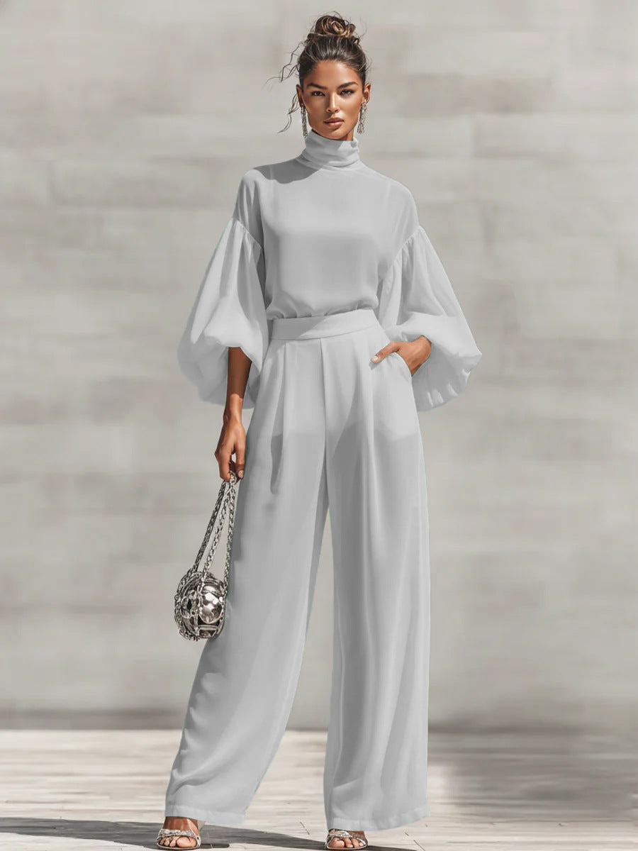 Color Stand Collar Bubble Long Sleeve High Waist Draping Wide Fashion Casual Suit