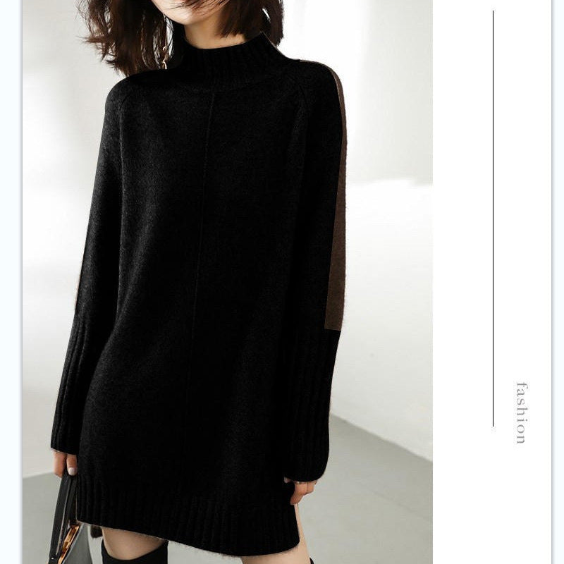 Women's Half Turtleneck Color-matching Dress Mid-length Loose Dresses
