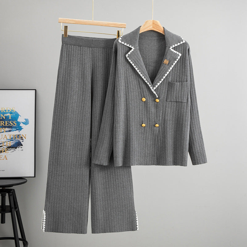 Casual Knitting Female Collar Elegant Wide Leg Suits