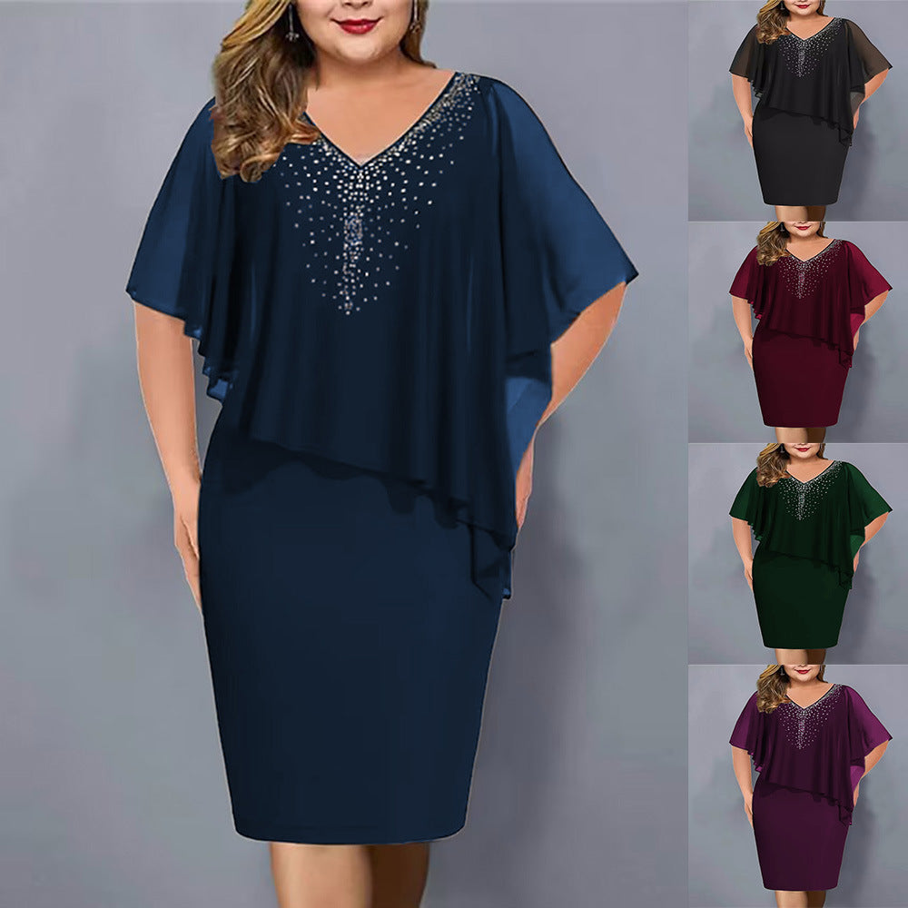 Women's Summer Shawl Chiffon Rhinestone Elegant Banquet Dress