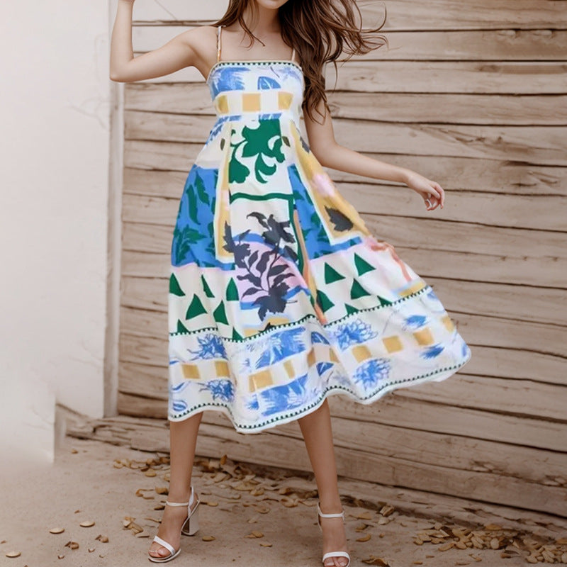 Women's Elegant Painted Print Large Swing Strap High Dress