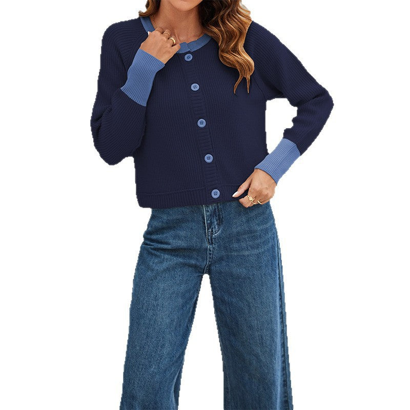 Women's Fashion Round Neck Single Row Button Contrast Color Sweaters