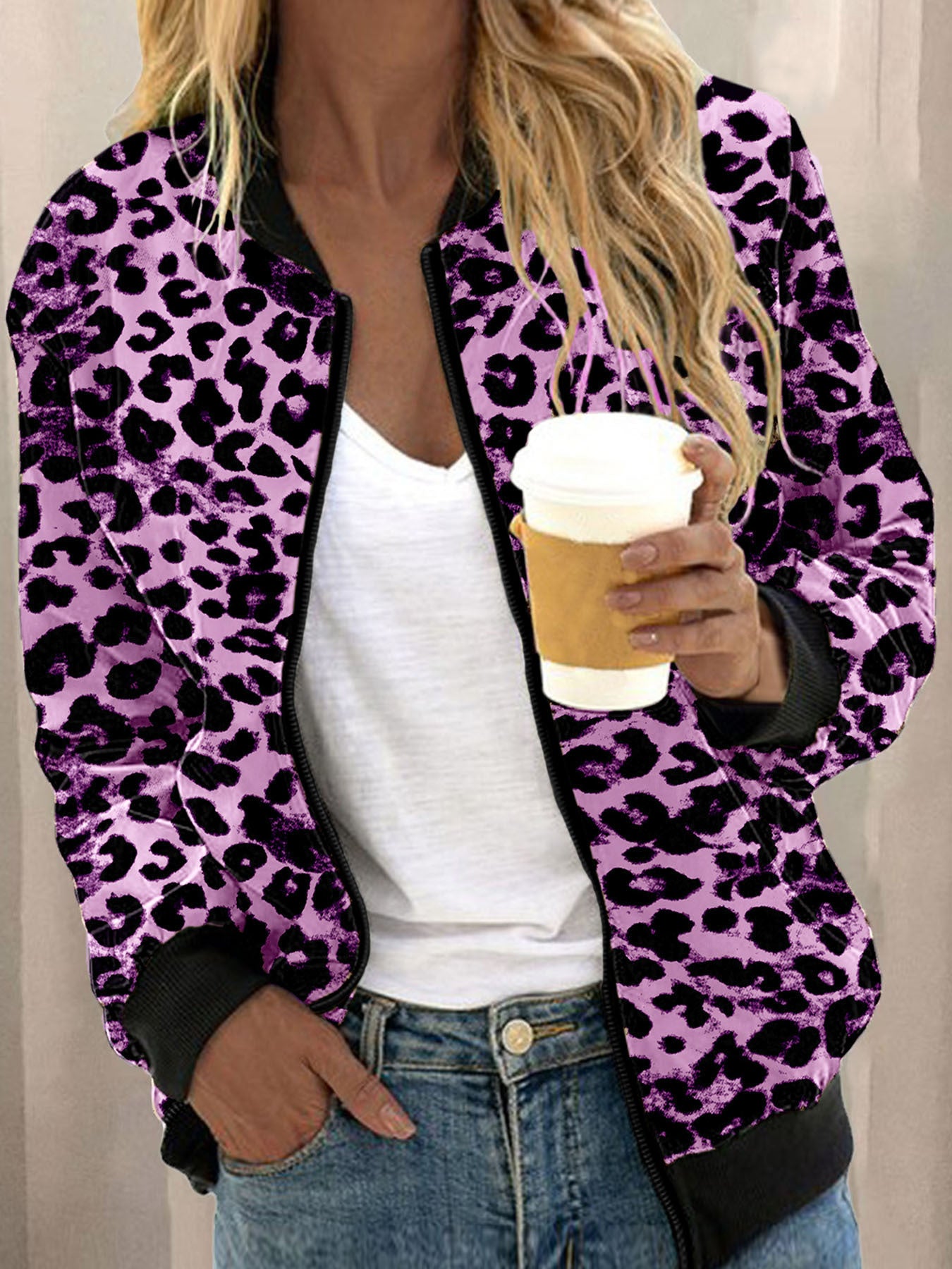 Autumn Leopard Print Stand Collar Zipper Women's Sweater, Sweater