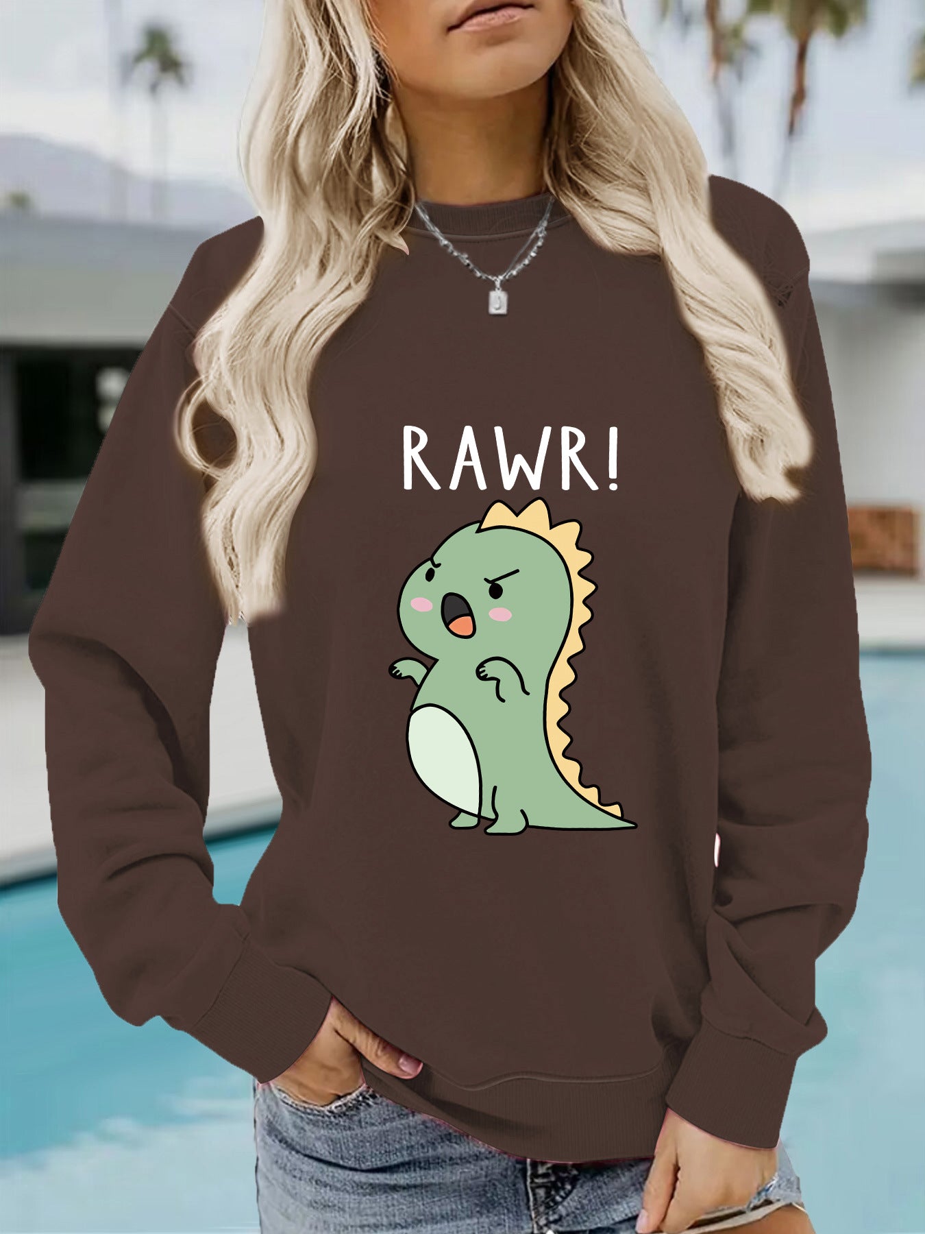 Women's Sleeve Round Neck Cartoon Dinosaur Print Sweaters