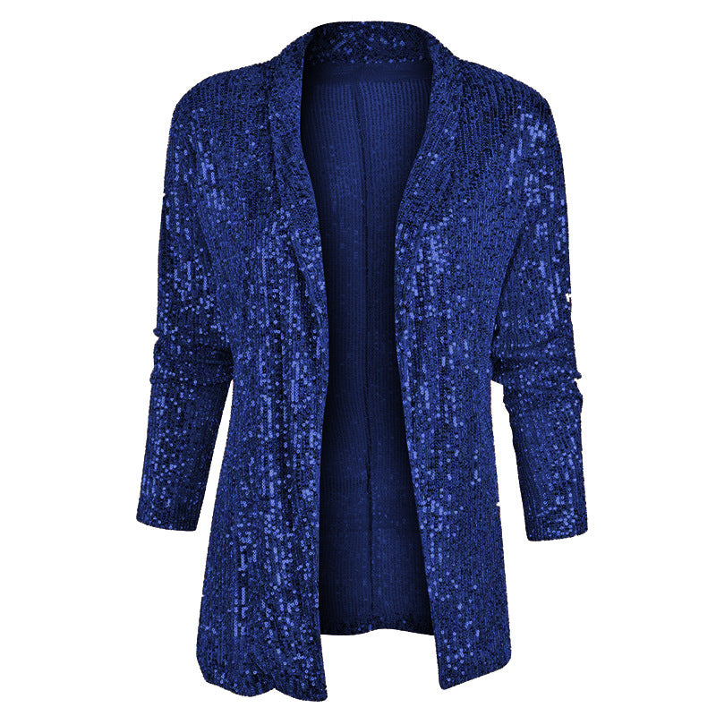 Women's Spring Sequined Long Sleeve Elegant Mid-length Small Polo Collar Blazers