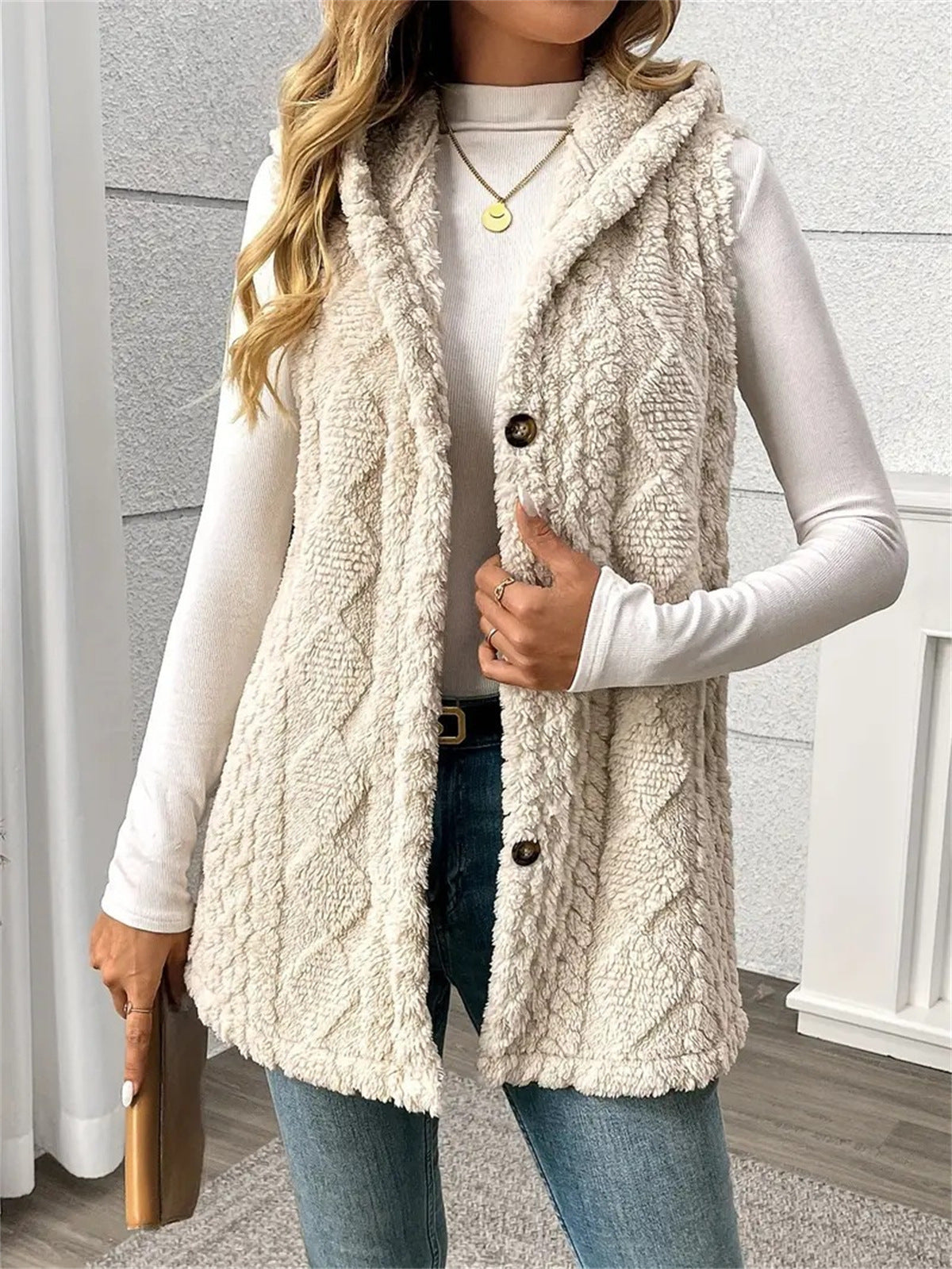 Solid Color Double-sided Plush Hooded Button Women's Vest