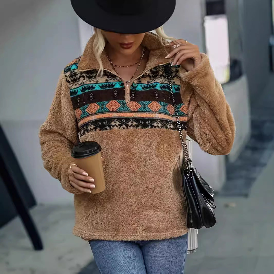 Trendy Women's Fashion Pullover Zipper Plush Tops